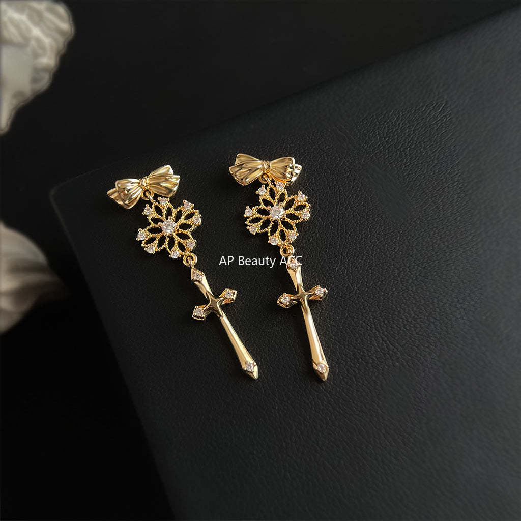 C관 - 925 은침 14K 도금 레이스 십자가 리본 귀걸이 [6828] 25.09-4