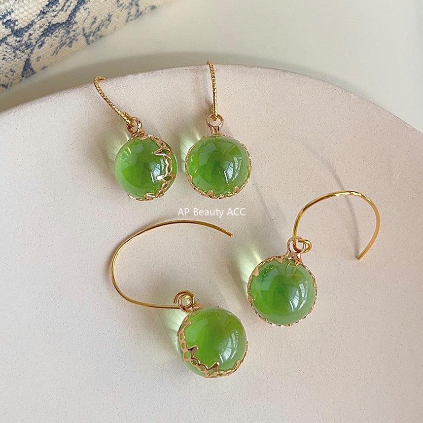 C관 - 14K 도금 투명한 초록 유리 크리스탈 구슬 귀걸이 [3679 3717] 24.03-4