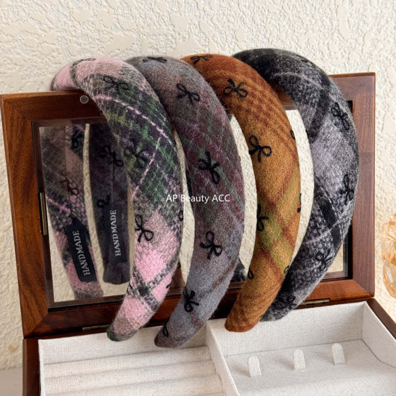 E관 - 모직 체크 리본 패턴 볼륨 머리띠 [26085] 25.11-3