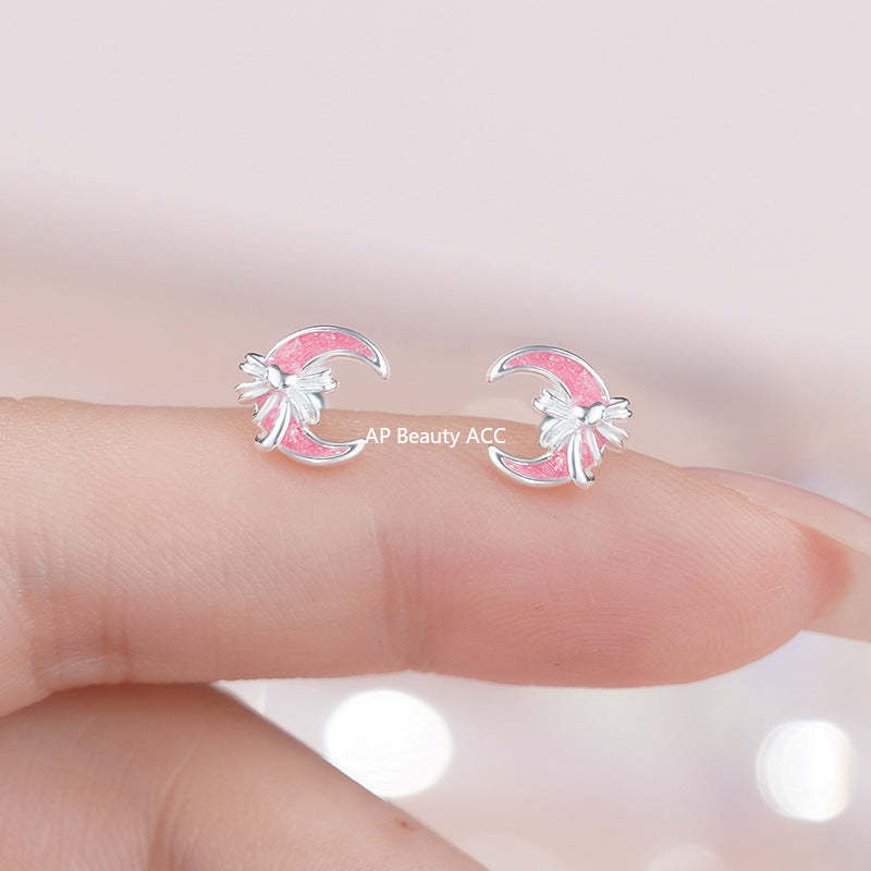 B관 - 999 실버 핑크 달 리본 피어싱 귀걸이 [YC6344E_1] 25.11-1