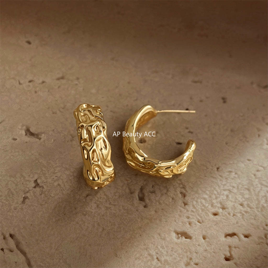 C관 - 텍스처 패턴 반원형 18K 도금 925 은침 귀걸이 [5761] 25.03-4