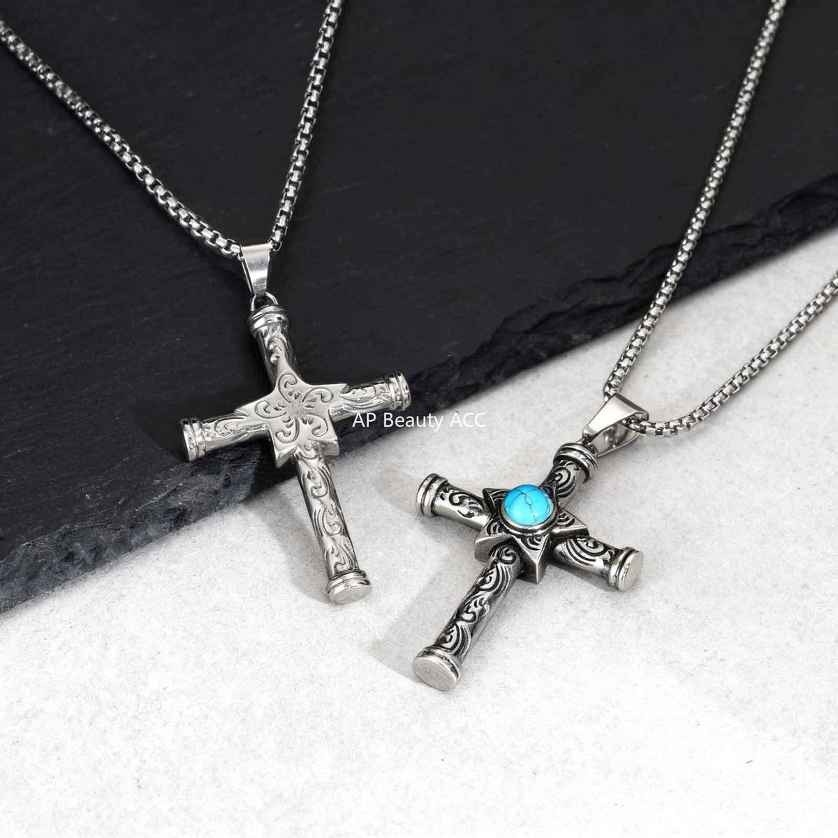 G관 - 별 모티브 터키석 십자가 스테인리스 목걸이 [PN-2235] 25.11-3