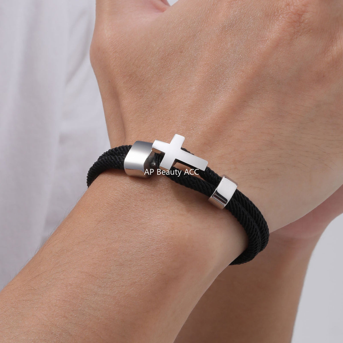 G관 - 블랙 스트랩 교차형 스테인리스 십자가 버클 팔찌 [BL-769] 25.11-1