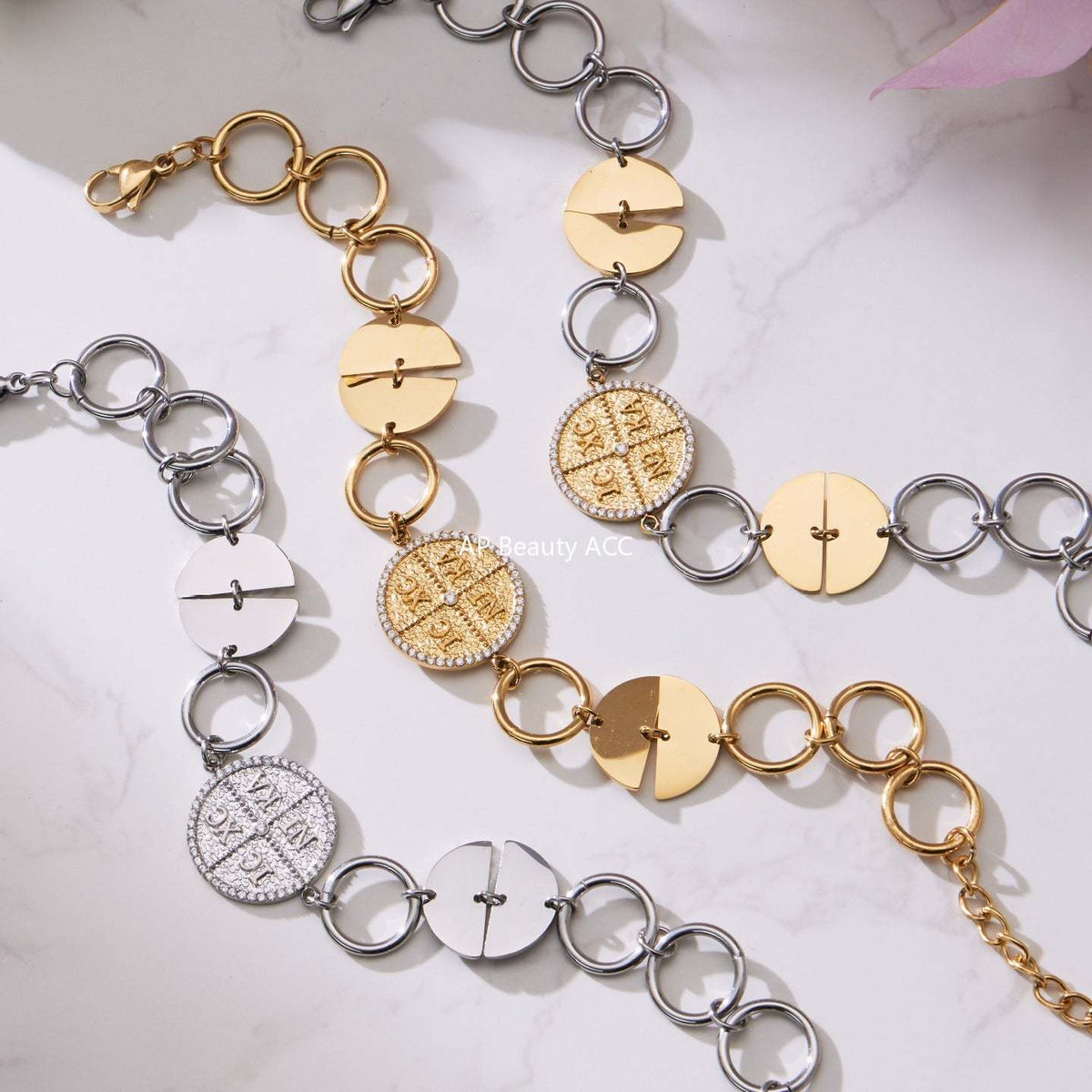 D관 - 스테인리스 스틸 이니셜 원형 펜던트 18K 도금 목걸이 팔찌 [TXP488] 25.11-4