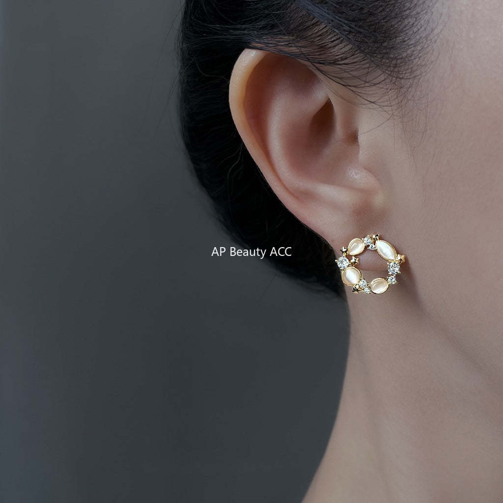 C관 - 925 은침 14K 도금 묘안석 큐빅 원형 귀걸이 [6958] 25.10-4