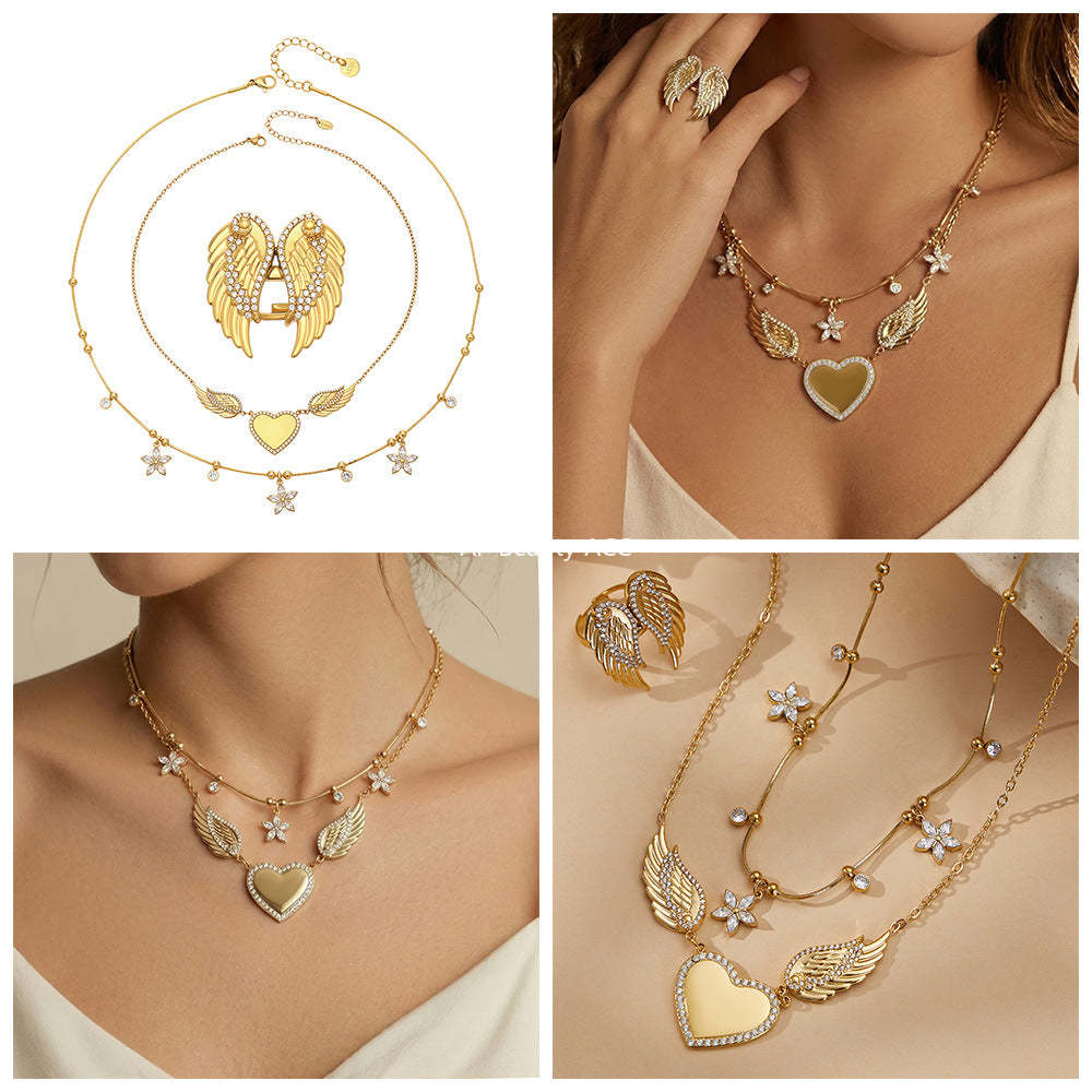 D관 - 스테인리스 스틸 18K 도금 큐빅 하트 날개 펜던트 목걸이 반지 [TXP523] 25.12-3