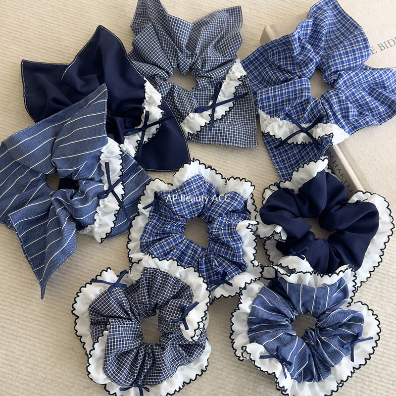 E관 - 블루 체크 패브릭 레이스 리본 곱창 헤어밴드 [26462] 25.10-2