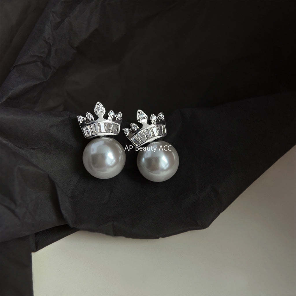 C관 - 고급스러운 글라스 진주 왕관 은침 귀걸이 [3974] 24.05-5