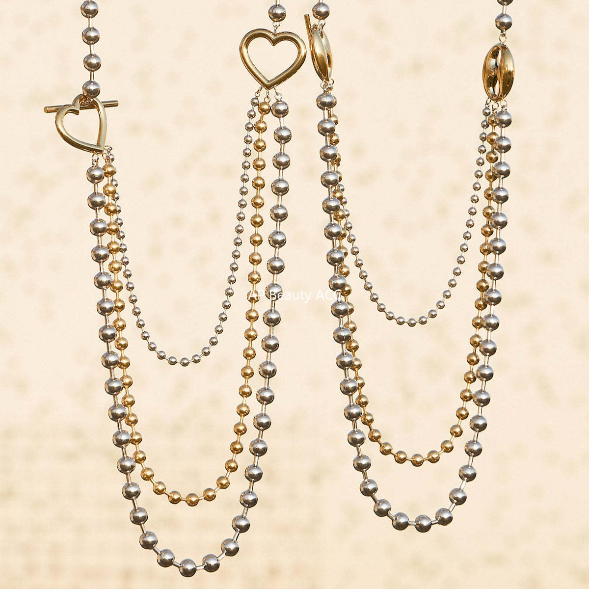 D관 - 투톤 하트 라운드 비즈 체인 레이어드 스테인리스 목걸이 [P1853] 25.11-3