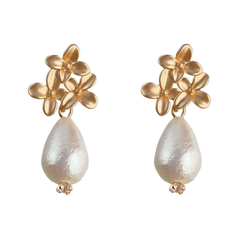 C관 - 코튼펄 고급스러운 꽃잎 무광 도금 은침 물방울 귀걸이 [3871] 24.04-4