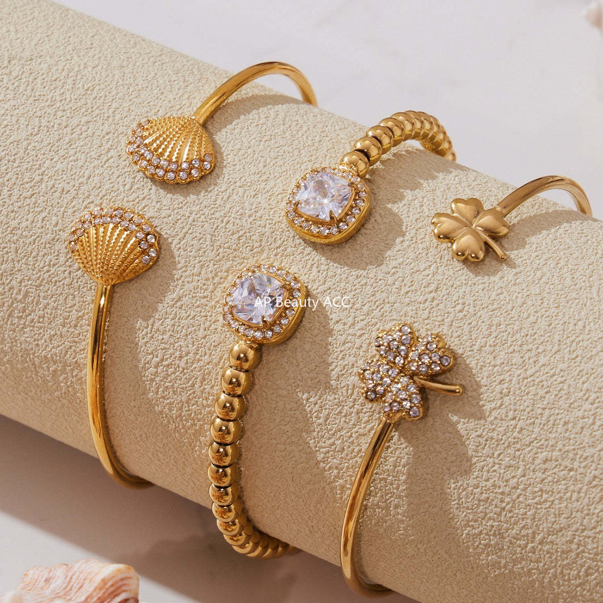 D관 - 스테인리스 18K 도금 큐빅 스틸볼 클로버 오픈형 팔찌 [Z503-Z504-Z505] 25.10-5