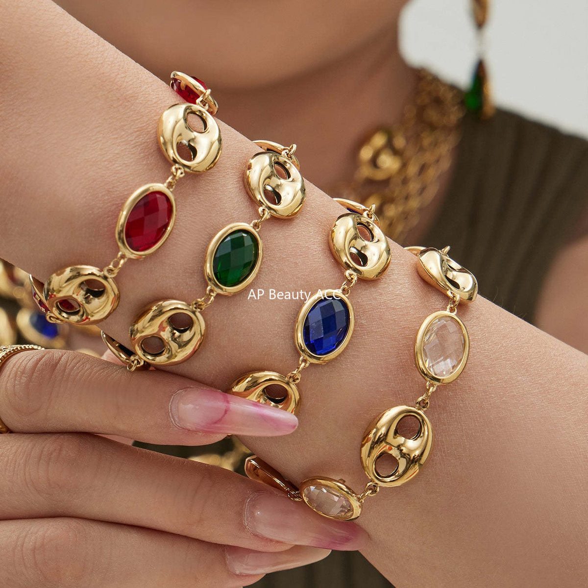 D관 - 돼지코 글라스 스톤 18K 도금 스테인리스 스틸 목걸이 팔찌 [TXP514] 25.12-2