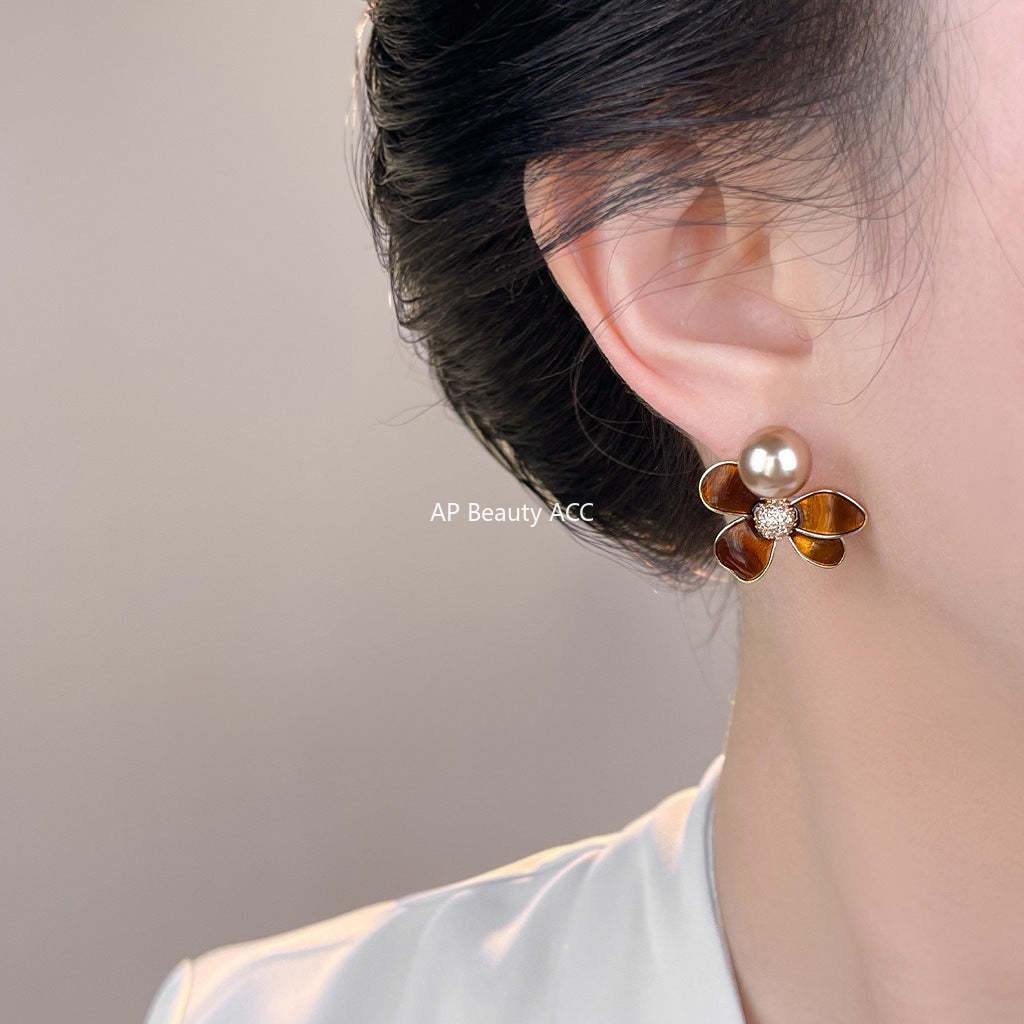 C관 - 핸드페인팅 플라워 디자인 진주 925 은침 귀걸이 [7105] 25.11-3