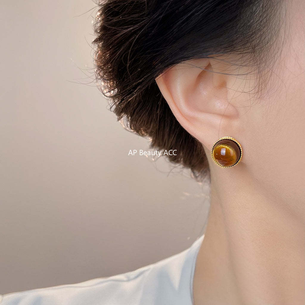 C관 - 925 은침 레트로 원형 레진 브라운 귀걸이 [6979] 25.10-5