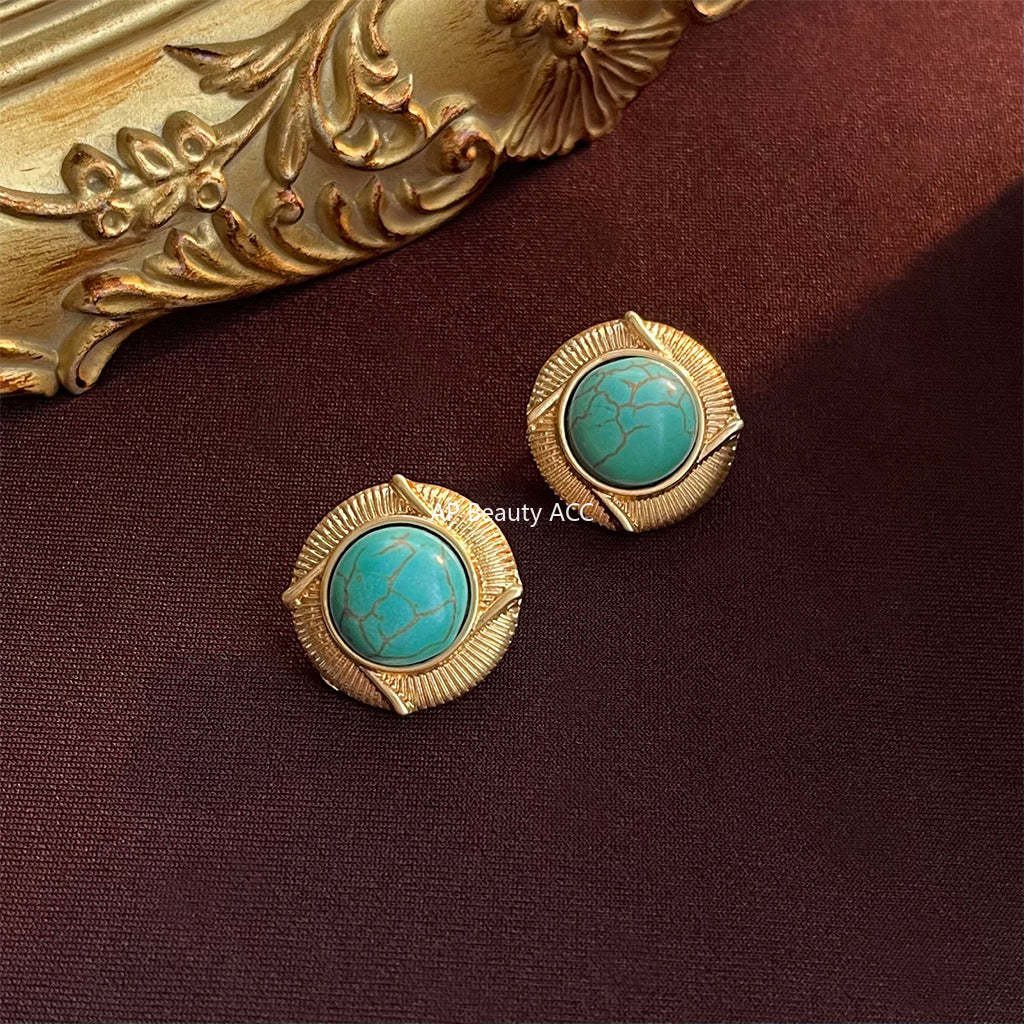 C관 - 복고풍 합성 터키석 14K 도금 원형 귀걸이 [4308] 24.06-4