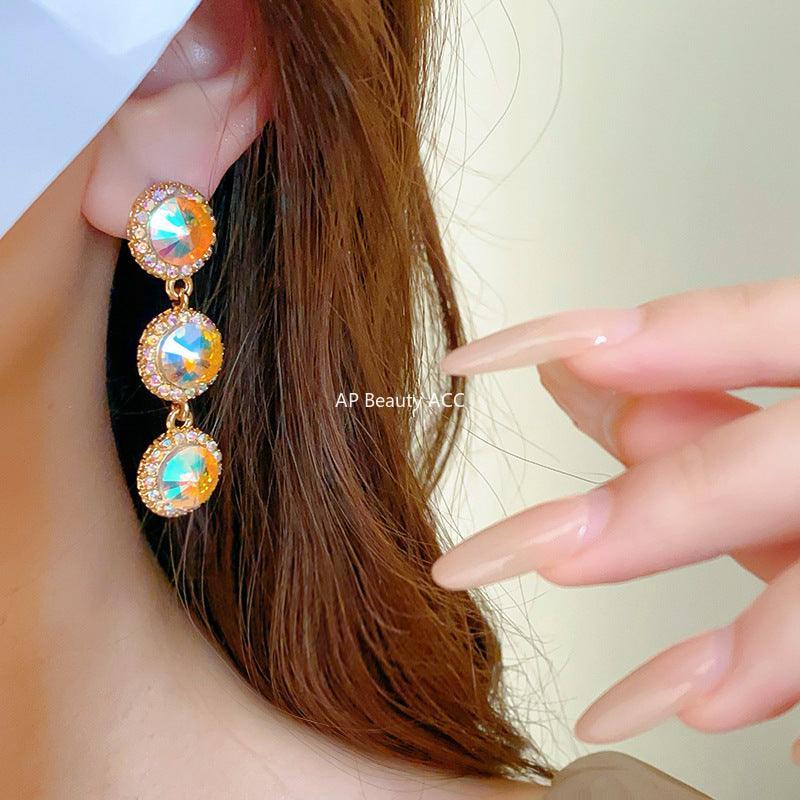 C관 - 실버 큐빅 롱 원형 컬러 크리스탈 유럽풍 모던 귀걸이 [E5450] 24.02-1