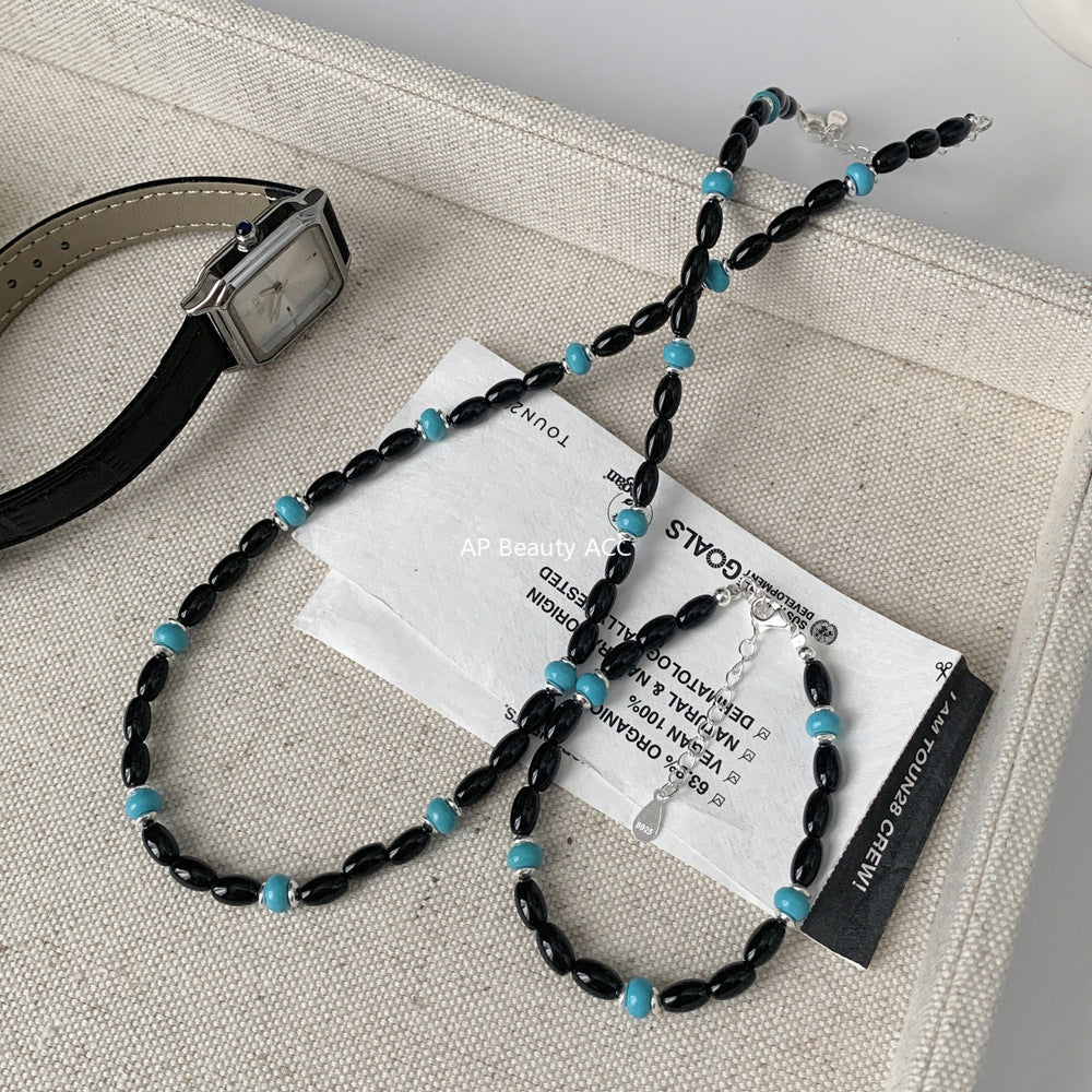 A관 - 925 실버 쌀알 흑마노 터키석 비즈 팔찌 목걸이 [SG37] 25.10-3