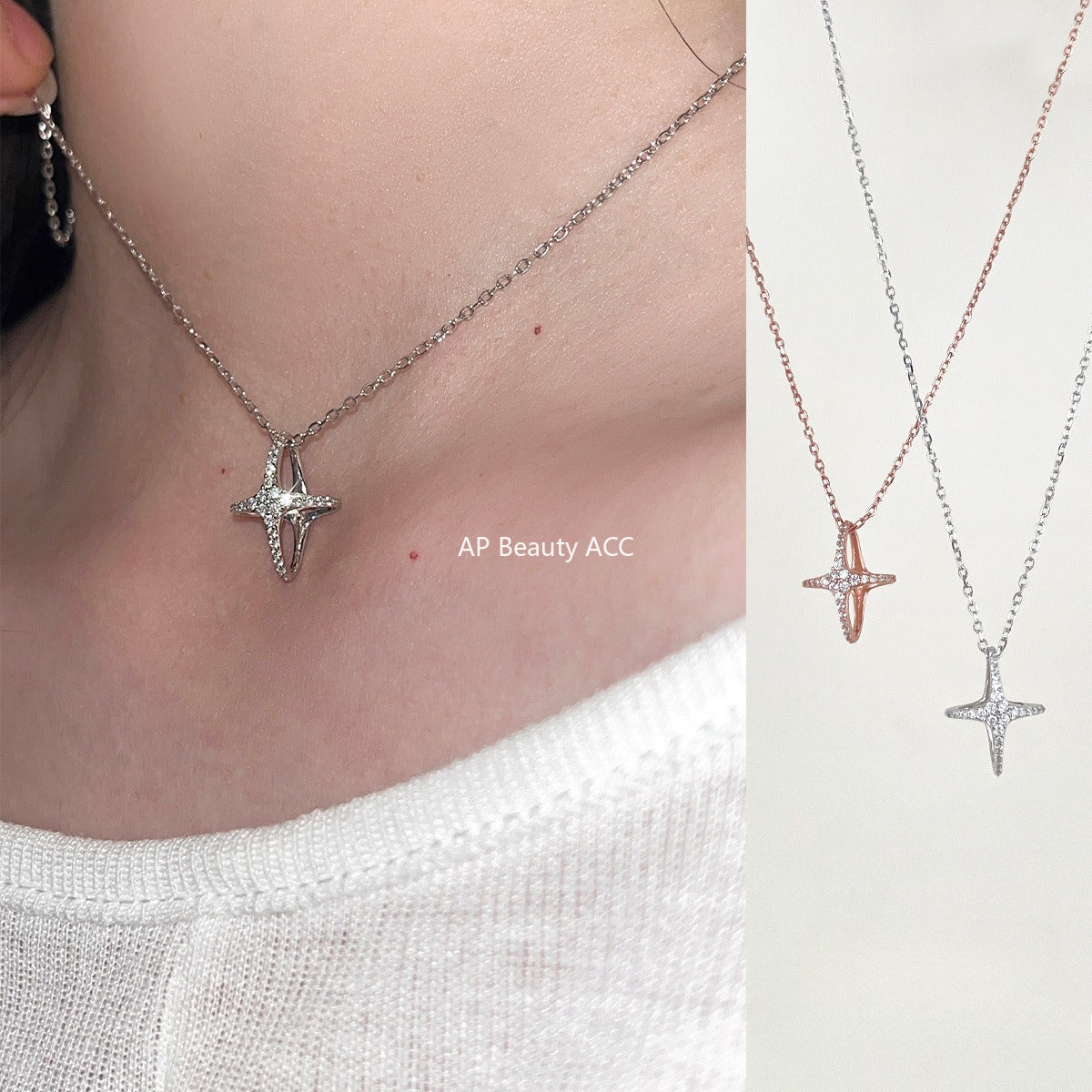 A관 - 925 실버 이중 원 별 큐빅 펜던트 목걸이 [XL-1216] 25.10-1