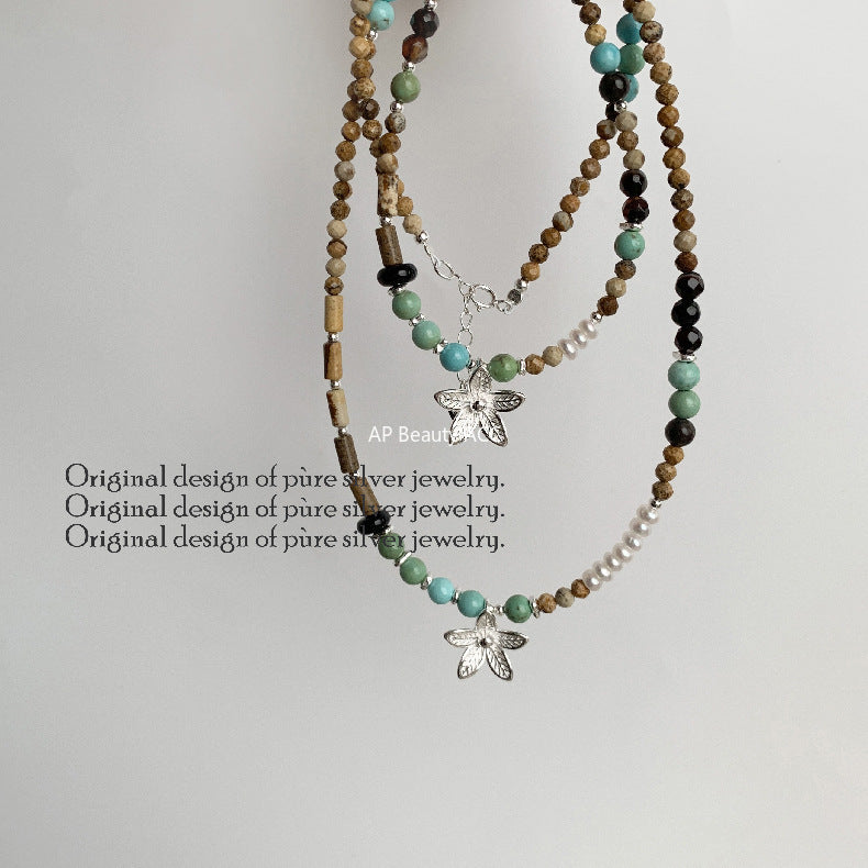 A관 - 925 실버 핸드메이드 진주 플라워 재스퍼 아게이트 팔찌 목걸이 [1540] 25.11-2