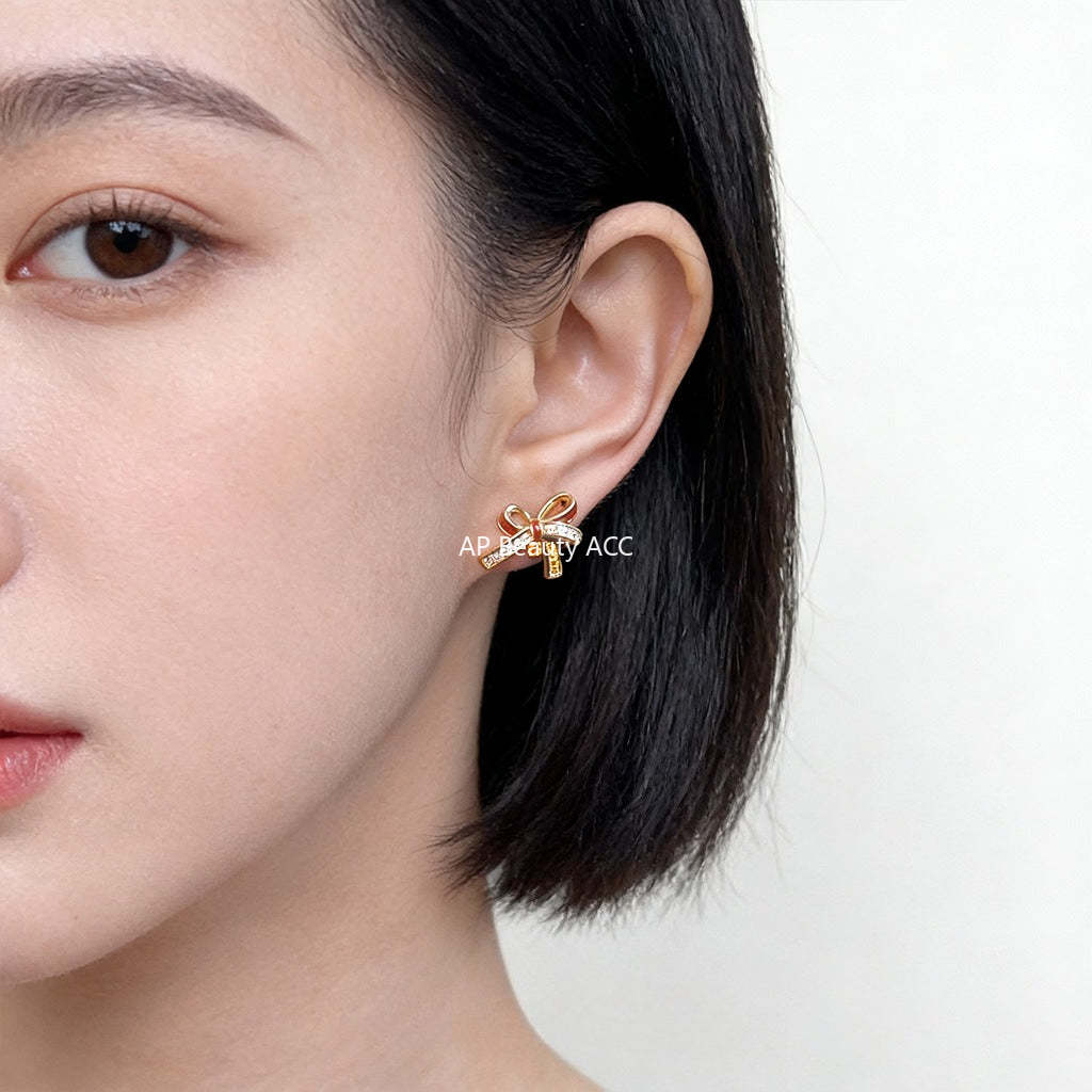 C관 - 핸드페인팅 리본 큐빅 925 은침 귀걸이 [7237] 25.12-3