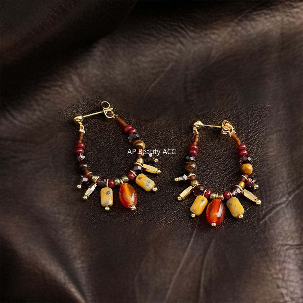 C관 - 925 은침 핸드메이드 글라스 천연석 호안석 홍마노 귀걸이 [6969] 25.10-5