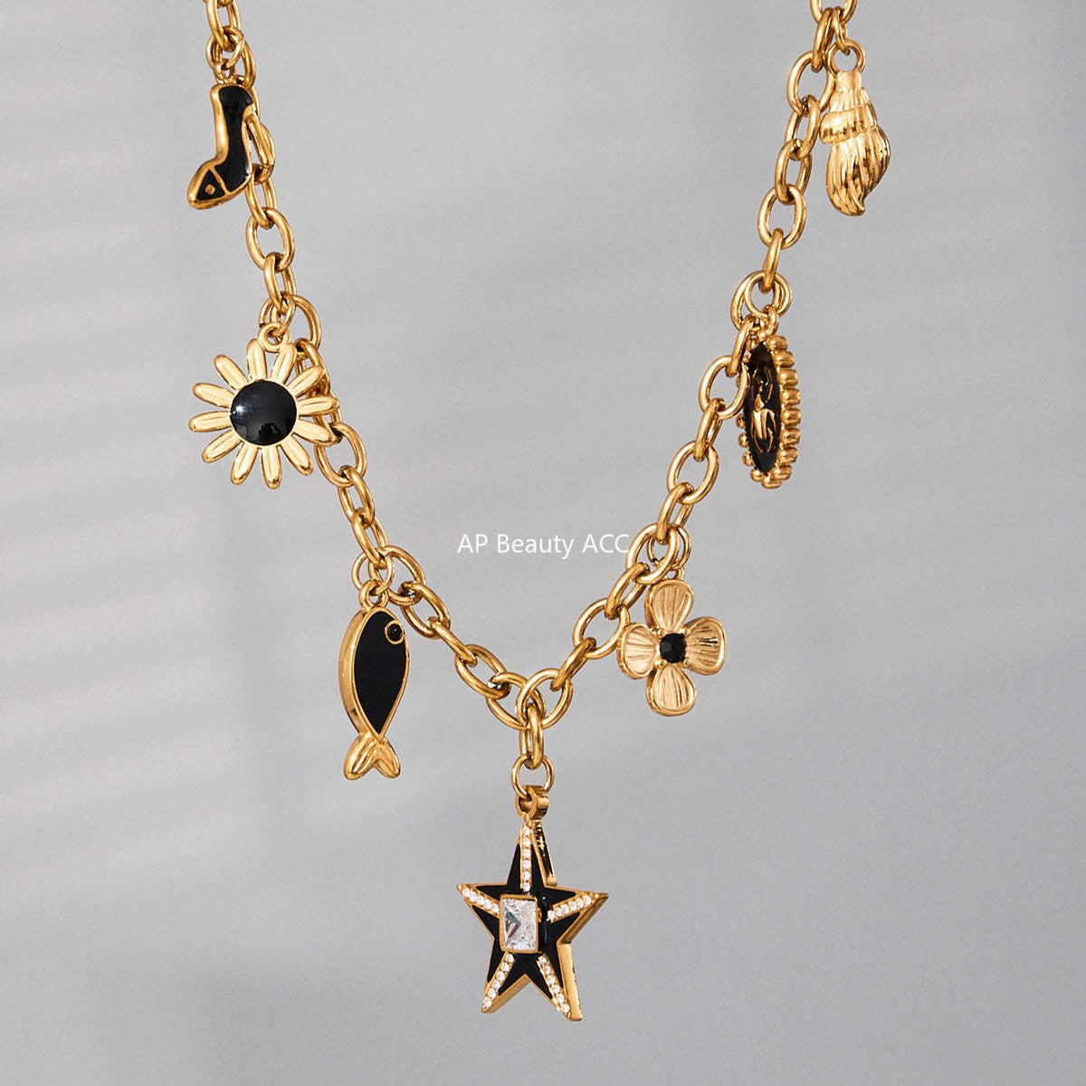 D관 - 18K 도금 스테인리스 스틸 큐빅 별 멀티 펜던트 목걸이 [P081] 25.10-2