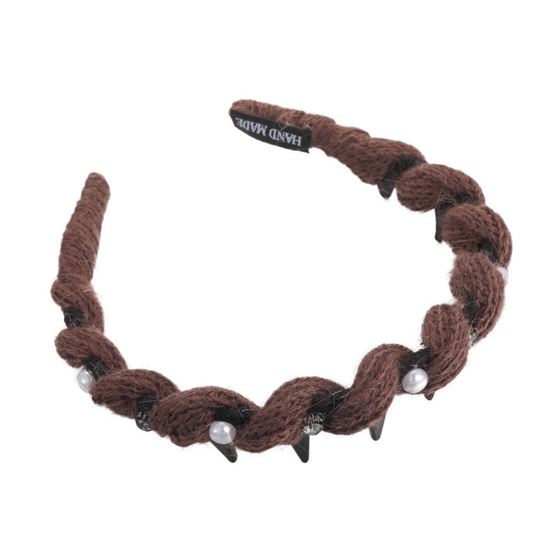 E관 - 털실 니트 큐빅 진주 장식 빗살 머리띠 [27663] 25.11-2