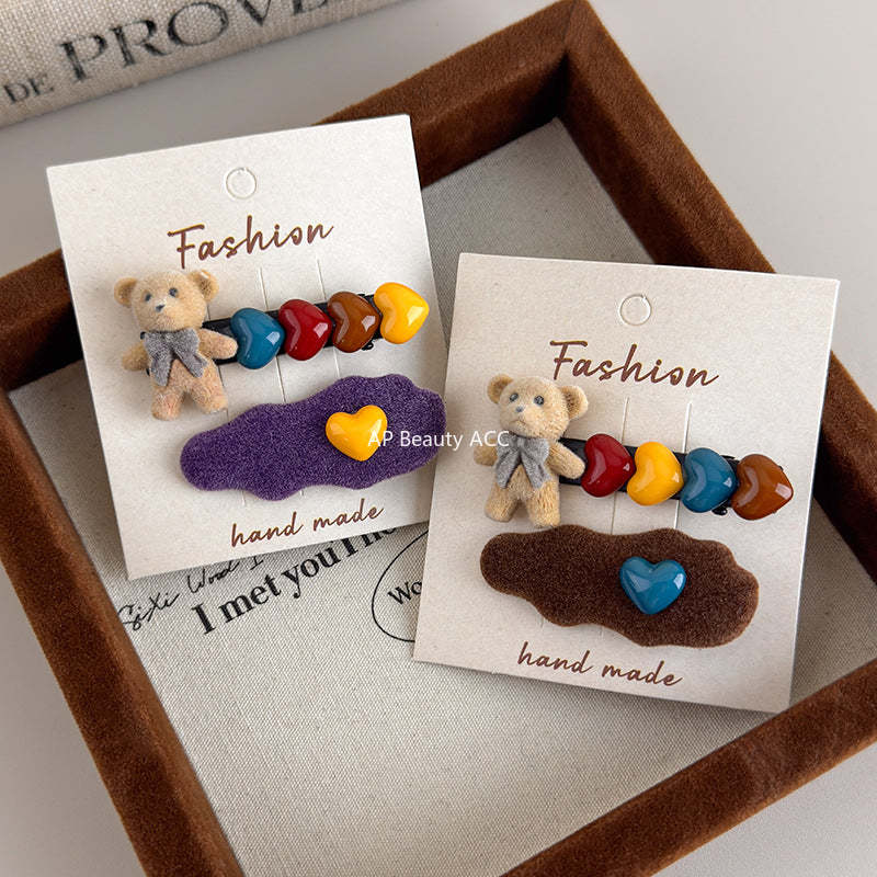 E관 - 벨벳 곰 하트 장식 사이드 앞머리 헤어핀 [27596] 25.10-4