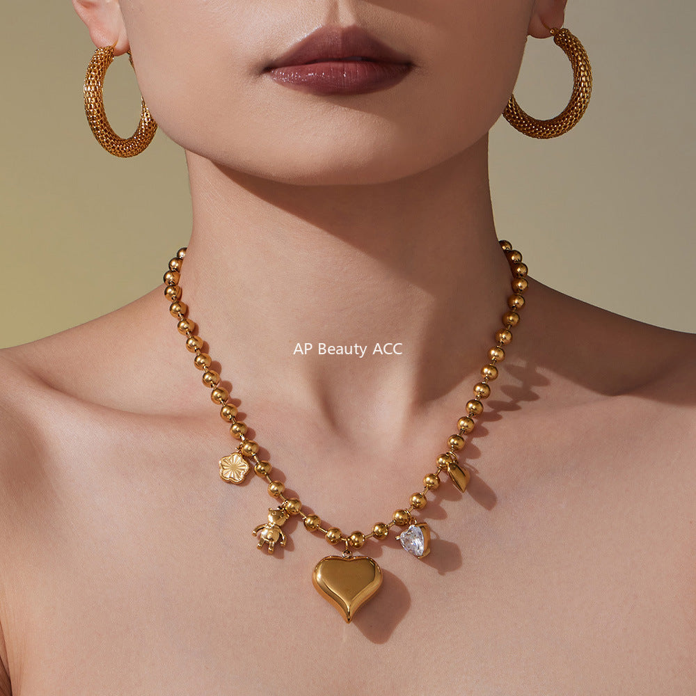 D관 - 스테인리스 스틸 18K 도금 큐빅 하트 곰 펜던트 목걸이 [P1032] 25.10-3