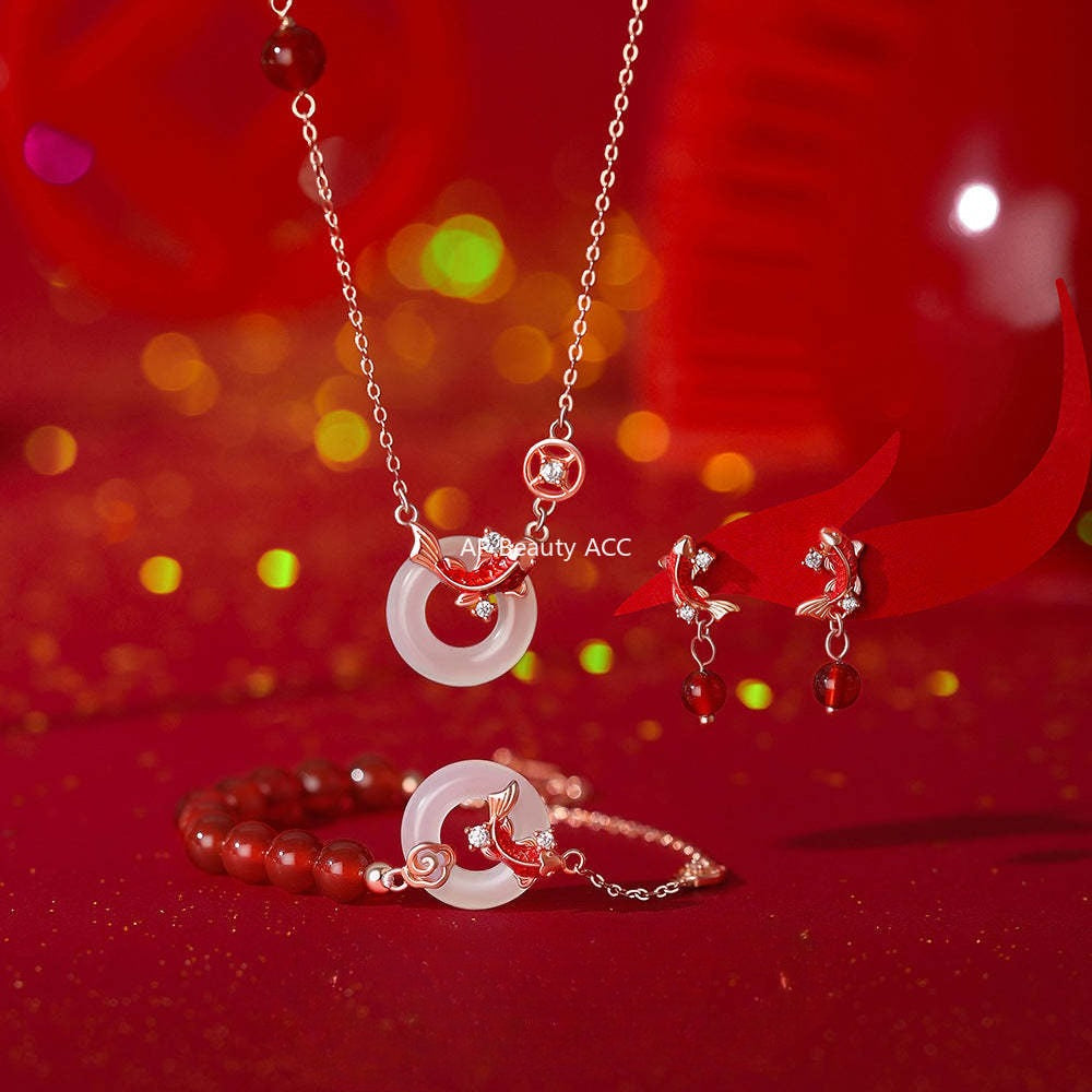 B관 - 999 실버 홍마노 백옥 잉어 모양 목걸이 귀걸이 팔찌 [YC3379E_1 YC2289N_1 YC5110SL_1] 25.12-2