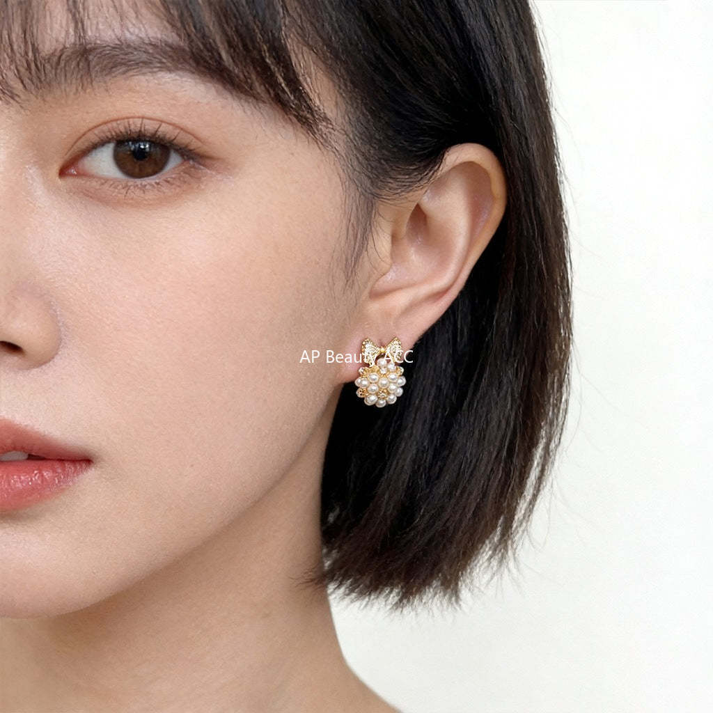 C관 - 리본 큐빅 진주 925 은침 귀걸이 [7204] 25.12-2