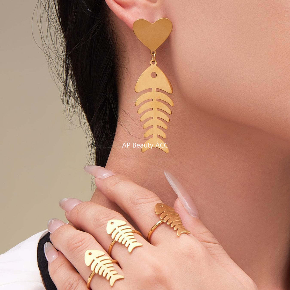 D관 - 스테인리스 18K 도금 물고기뼈 하트 디자인 목걸이 귀걸이 반지 [TXP459] 25.10-5