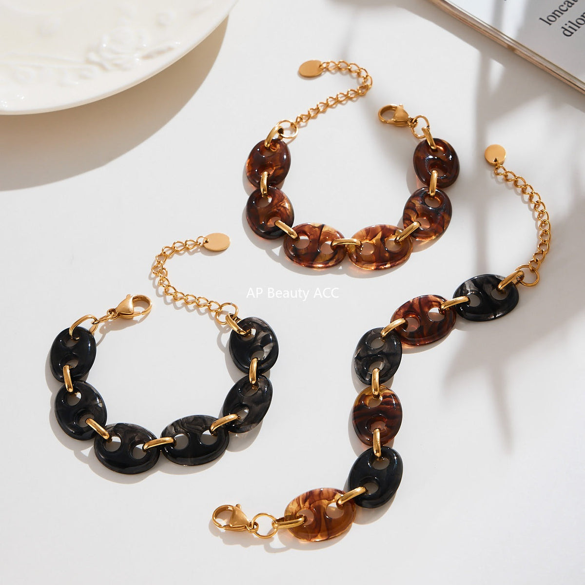 D관 - 스테인리스 스틸 18K 도금 레진 더블 원형 팔찌 [E157] 25.10-3