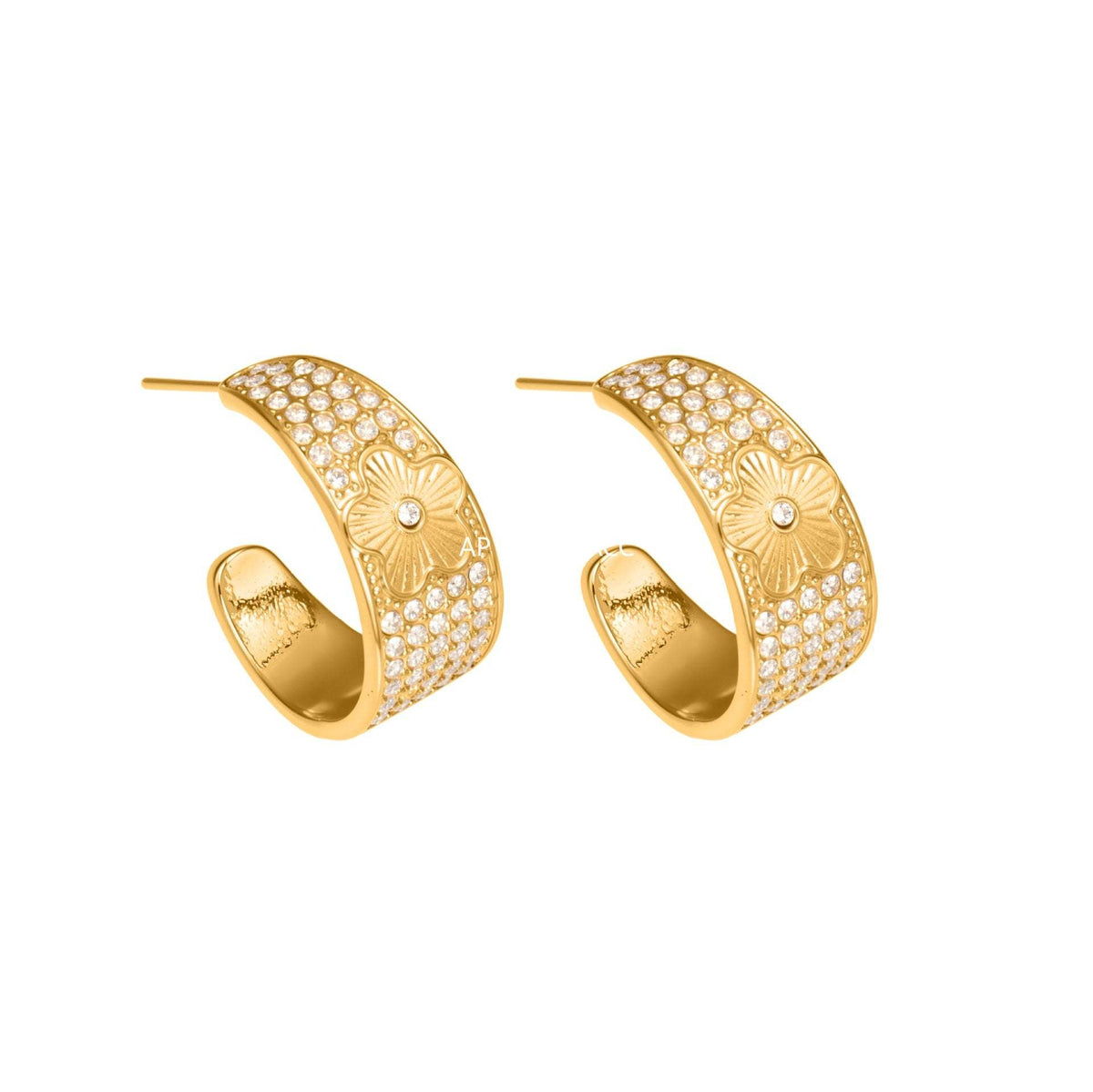 D관 - 스테인리스 18K 도금 빈티지 C자형 풀큐빅 플라워 귀걸이 [F954-F983] 25.10-5