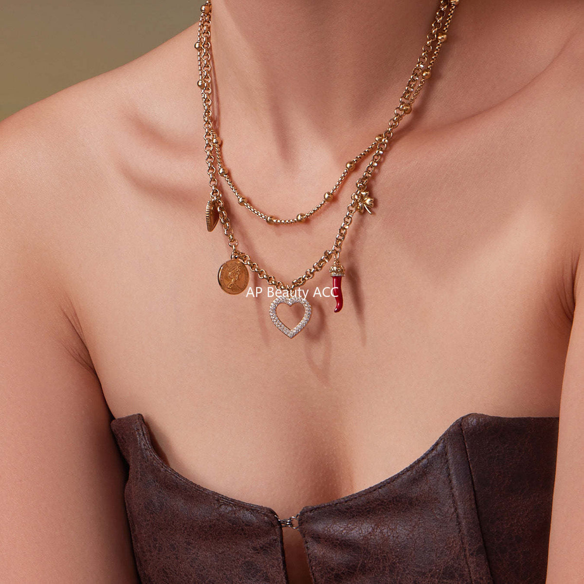 D관 - 더블 레이어 하트 큐빅 멀티 펜던트 스테인리스 목걸이 [P170] 25.11-3