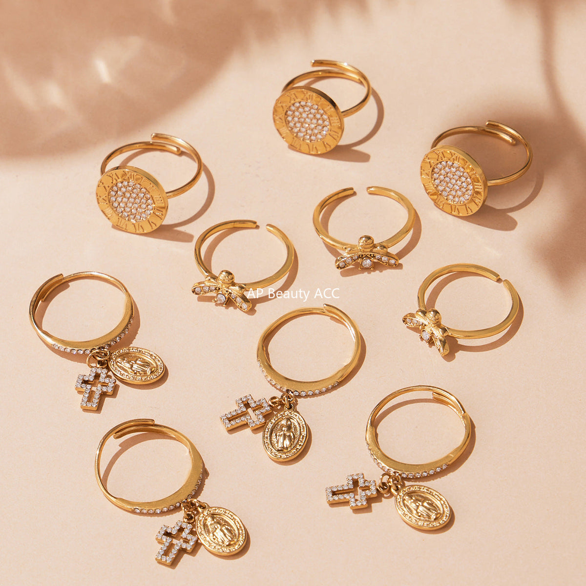 D관 - 18K 도금 스테인리스 스틸 십자가 큐빅 오픈형 반지 [A569-A572-A649] 25.10-1