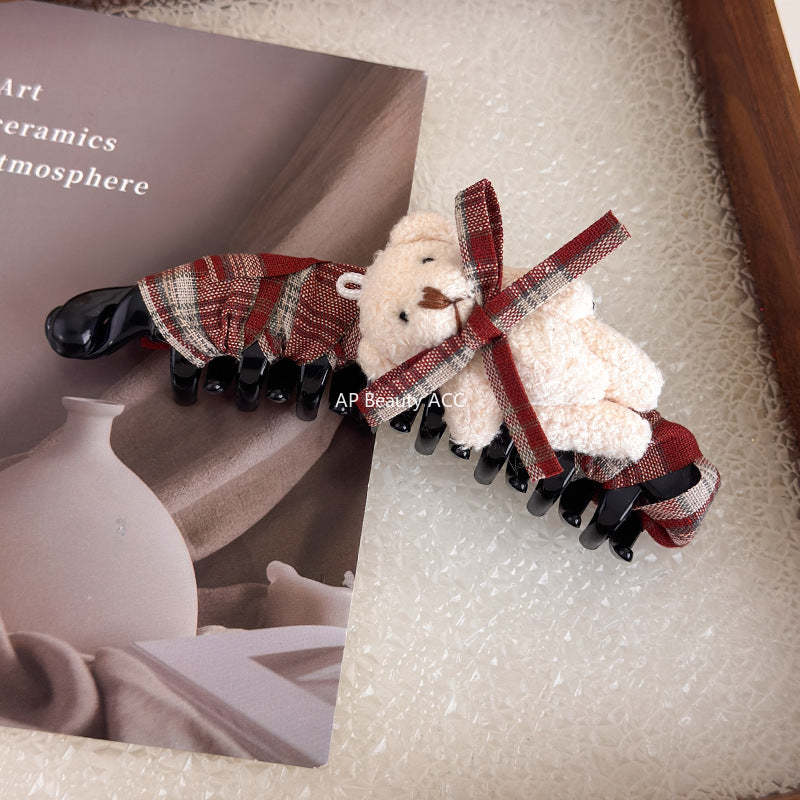 E관 - 체크 패브릭 리본 곰돌이 대형 집게핀 [27722] 25.11-4