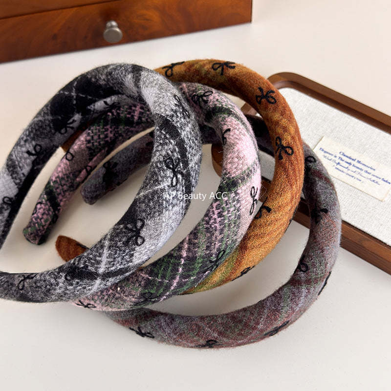 E관 - 모직 체크 리본 패턴 볼륨 머리띠 [26085] 25.11-3