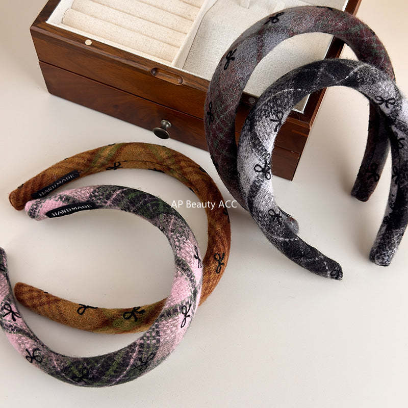 E관 - 모직 체크 리본 패턴 볼륨 머리띠 [26085] 25.11-3