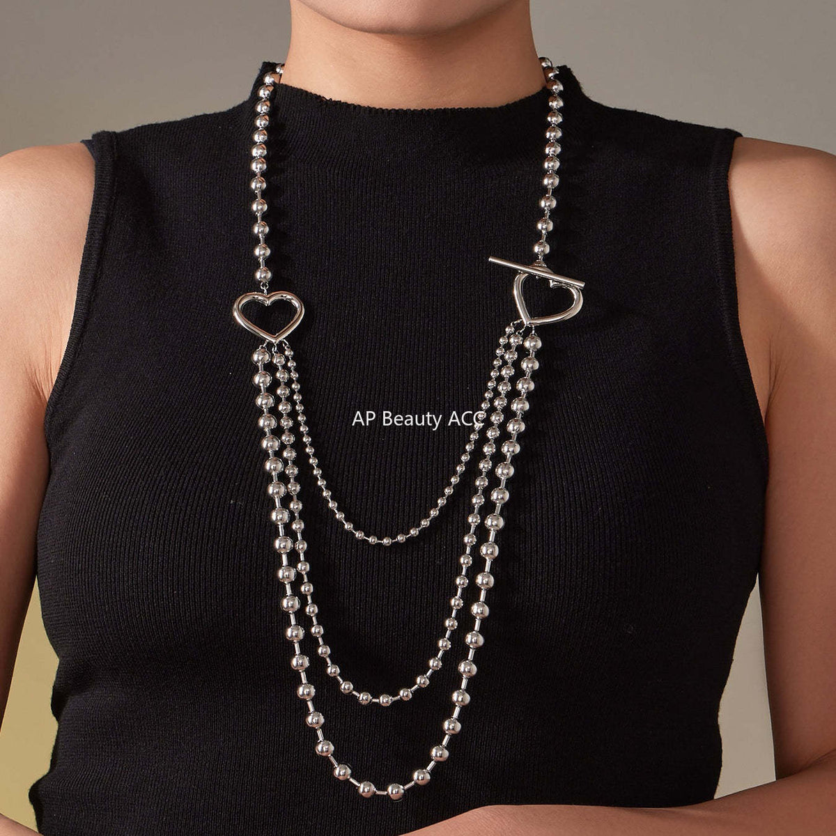 D관 - 투톤 하트 라운드 비즈 체인 레이어드 스테인리스 목걸이 [P1853] 25.11-3