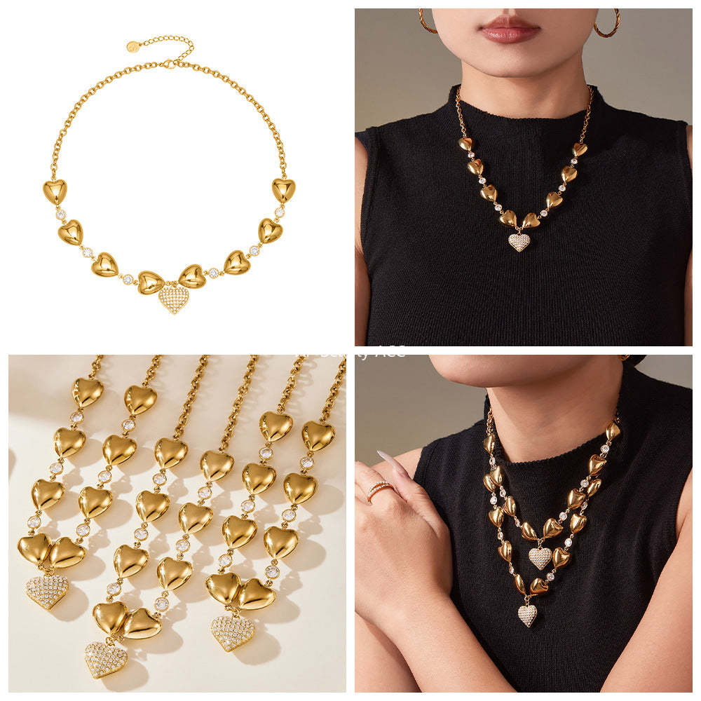 D관 - 풀큐빅 하트 디자인 스테인리스 18K 도금 목걸이 [P1344] 25.11-3