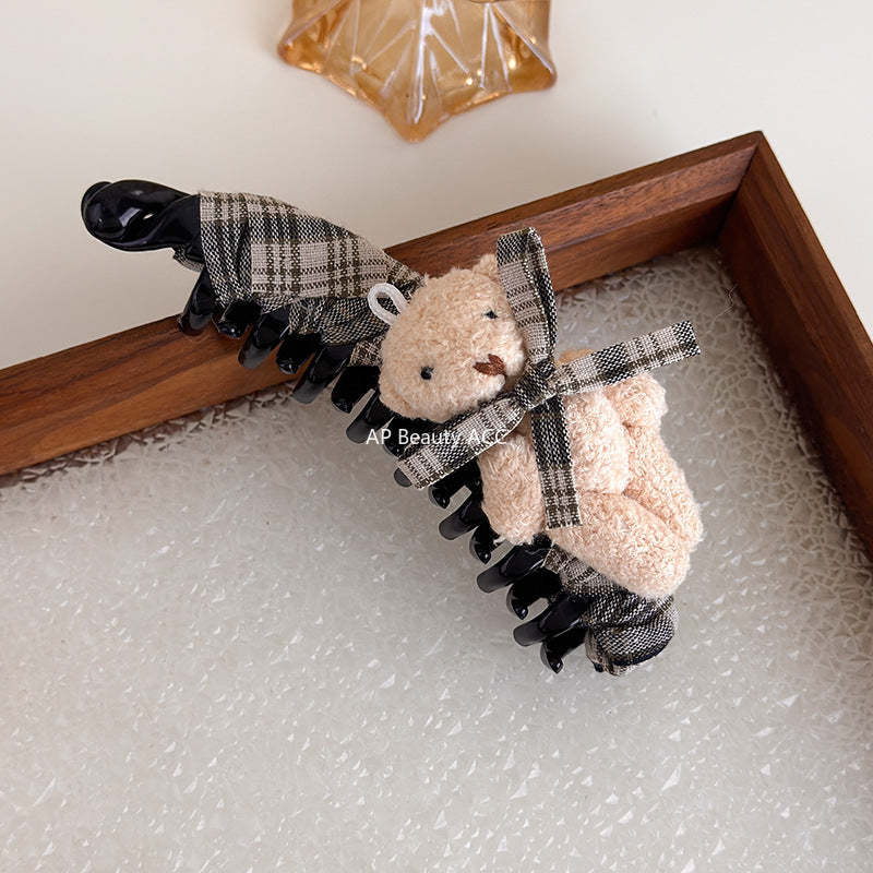 E관 - 체크 패브릭 리본 곰돌이 대형 집게핀 [27722] 25.11-4
