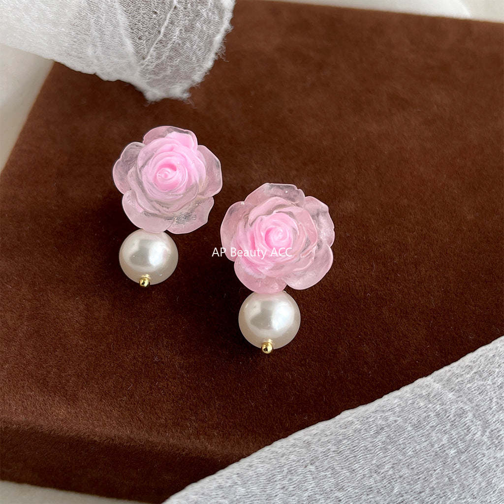 C관 - 분홍 장미 은침 스윗한 글라스 진주 14K 도금 여름 귀걸이 [4412-4413] 24.06-4