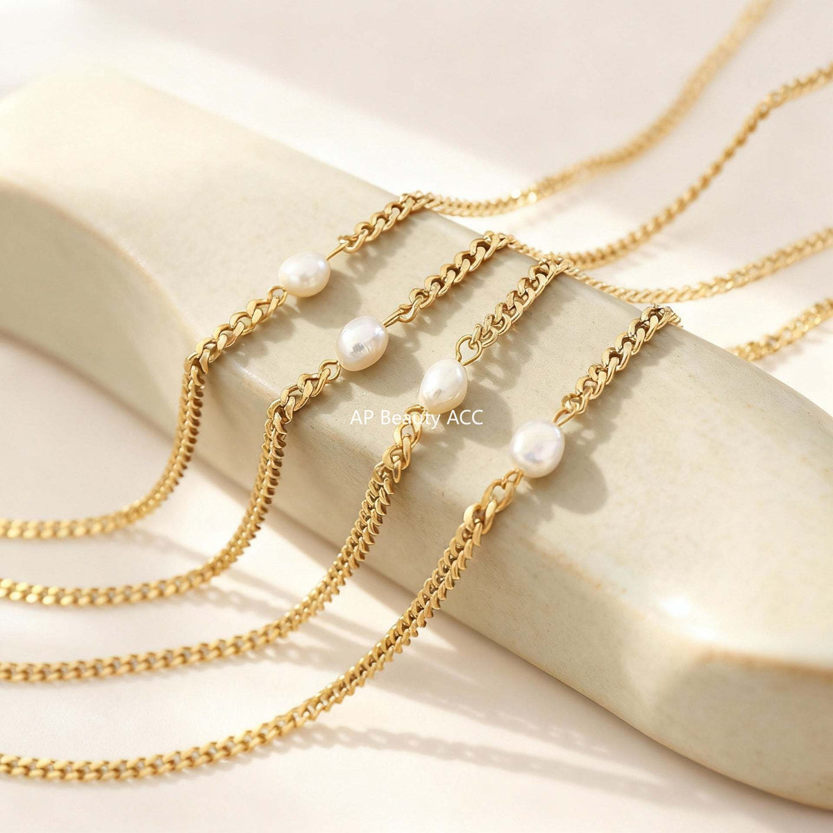 D관 - 스테인리스 스틸 18K 도금 볼드 체인 진주 천연석 목걸이 [P539] 25.12-1