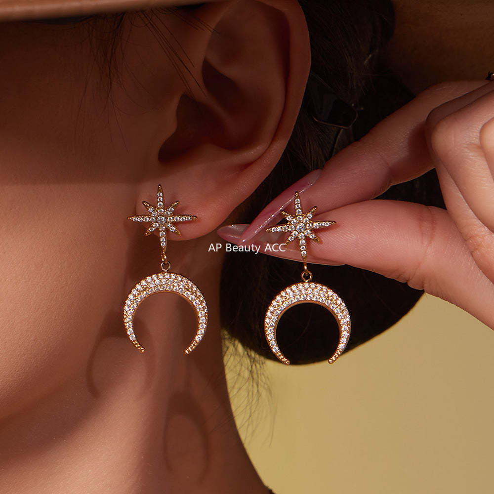 D관 - 스테인리스 스틸 팔각별 초승달 큐빅 펜던트 귀걸이 목걸이 [TXP485] 25.11-4