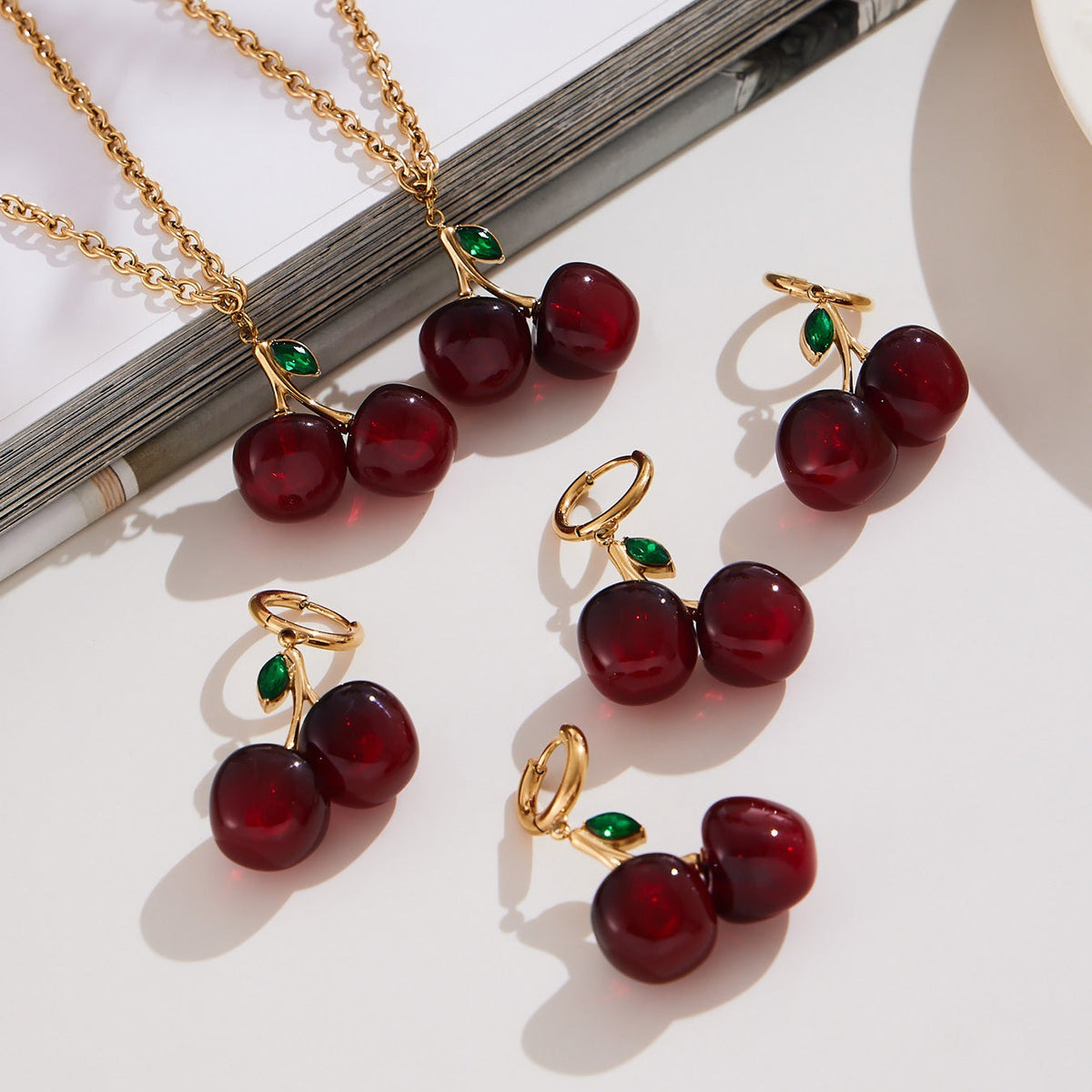 D관 - 스테인리스 스틸 레진 체리 펜던트 목걸이 귀걸이 [TXF427] 25.10-2