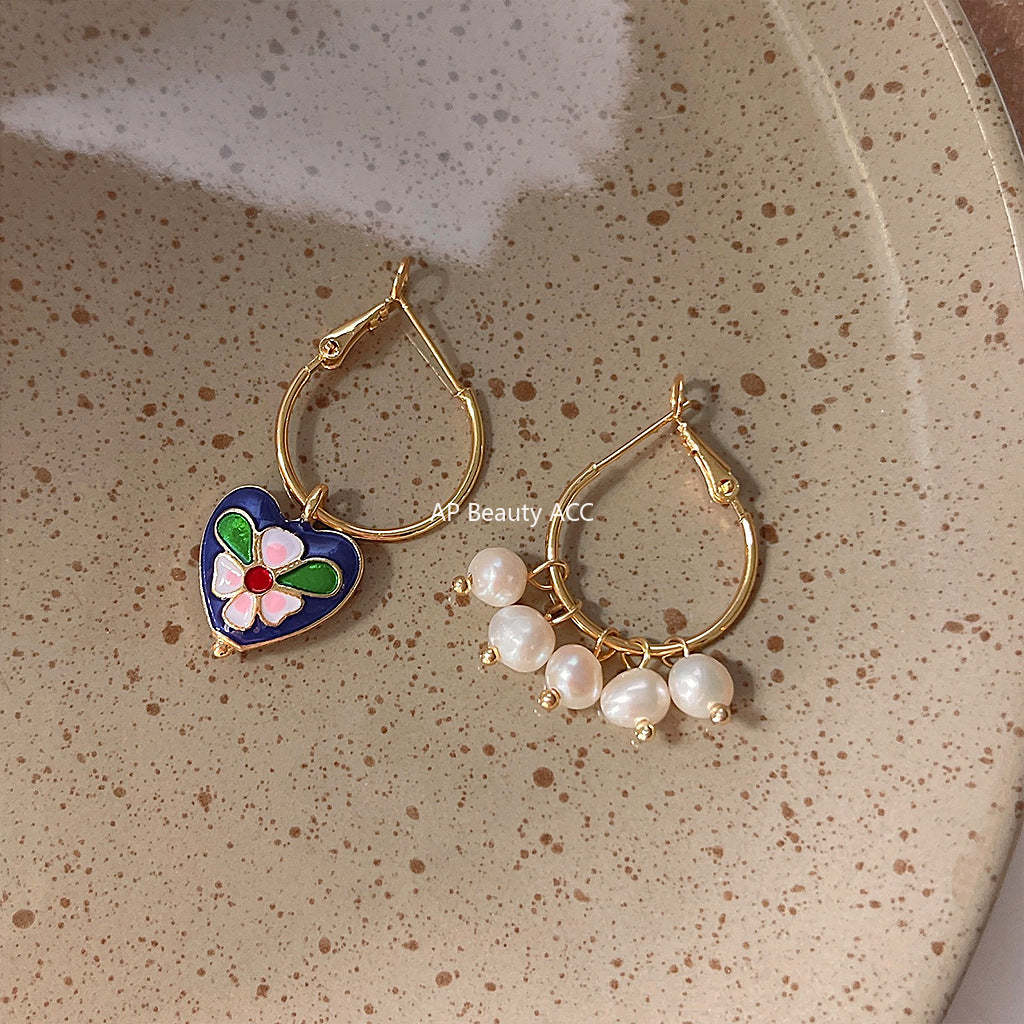 C관 - 고급스러운 글라스 진주 하트 비대칭 은침 귀걸이 [1242] 24.04-2