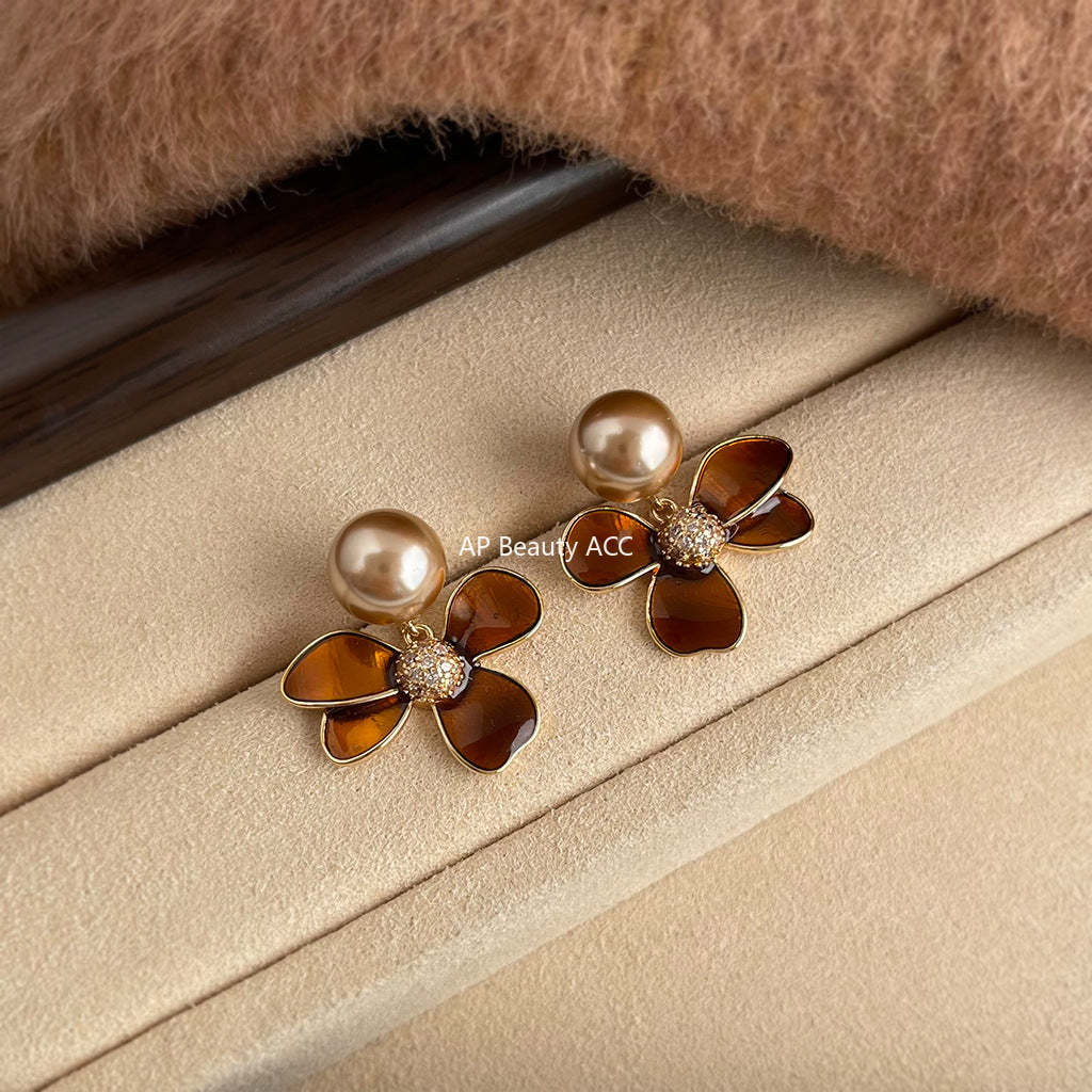 C관 - 핸드페인팅 플라워 디자인 진주 925 은침 귀걸이 [7105] 25.11-3