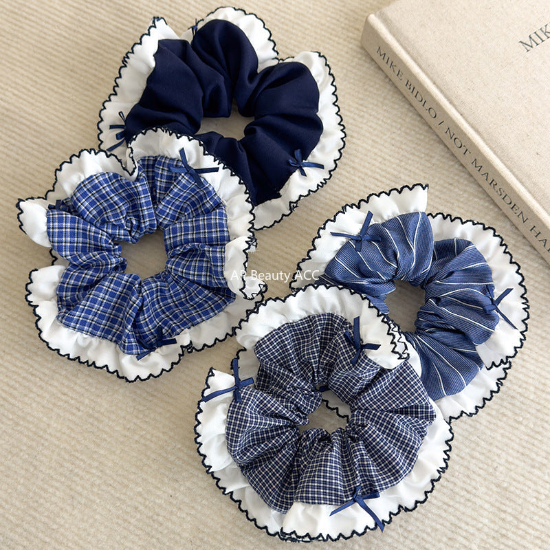 E관 - 블루 체크 패브릭 레이스 리본 곱창 헤어밴드 [26462] 25.10-2