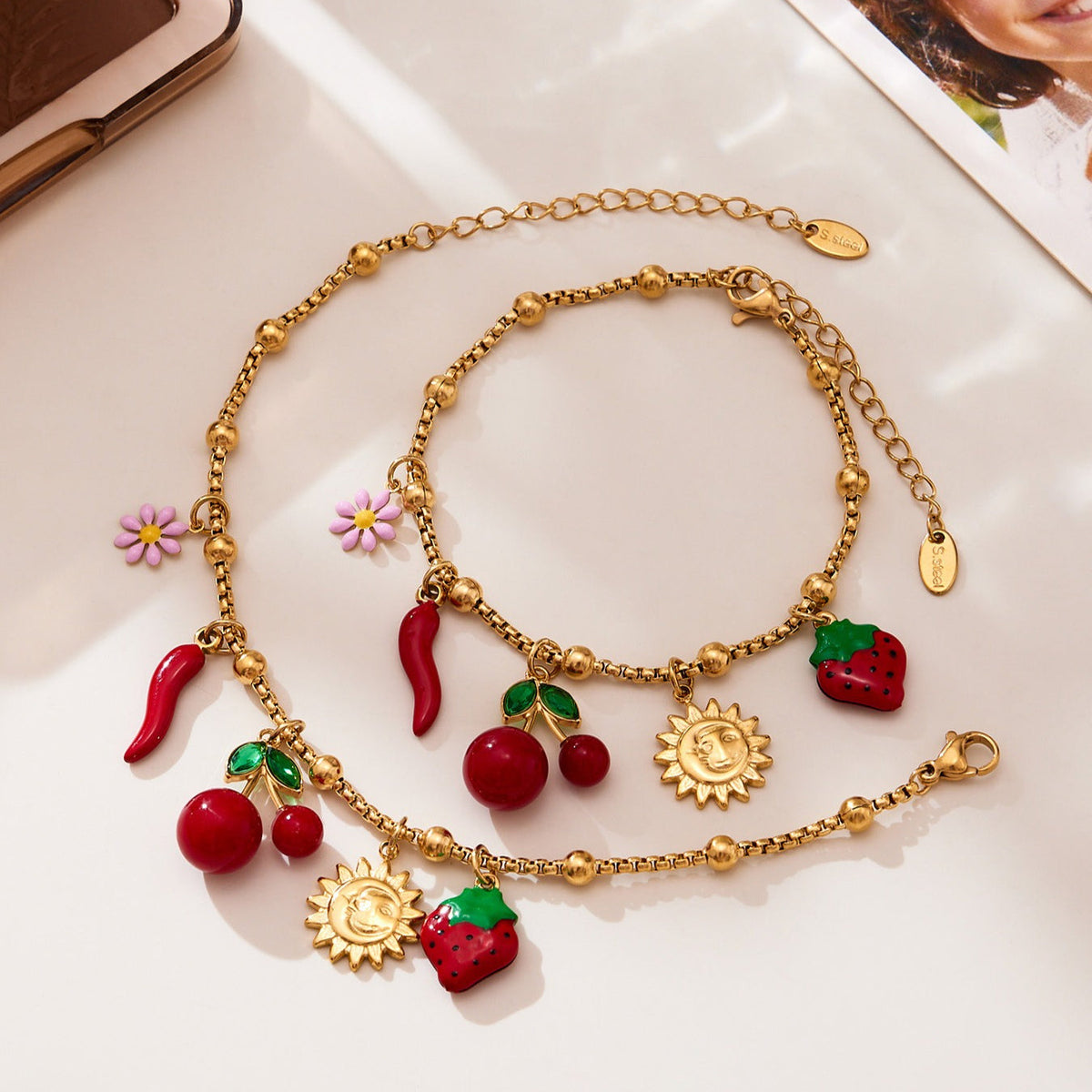 D관 - 18K 도금 스테인리스 스틸 체리 플라워 펜던트 목걸이 팔찌 [TXP449] 25.10-4